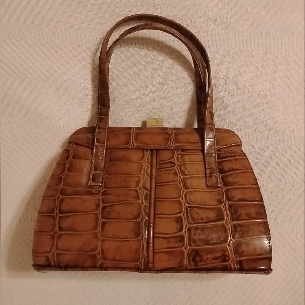Vtg Retro 50s Brown Tan  Satchel Doctor Bag Purse Croc Alligator Reptile